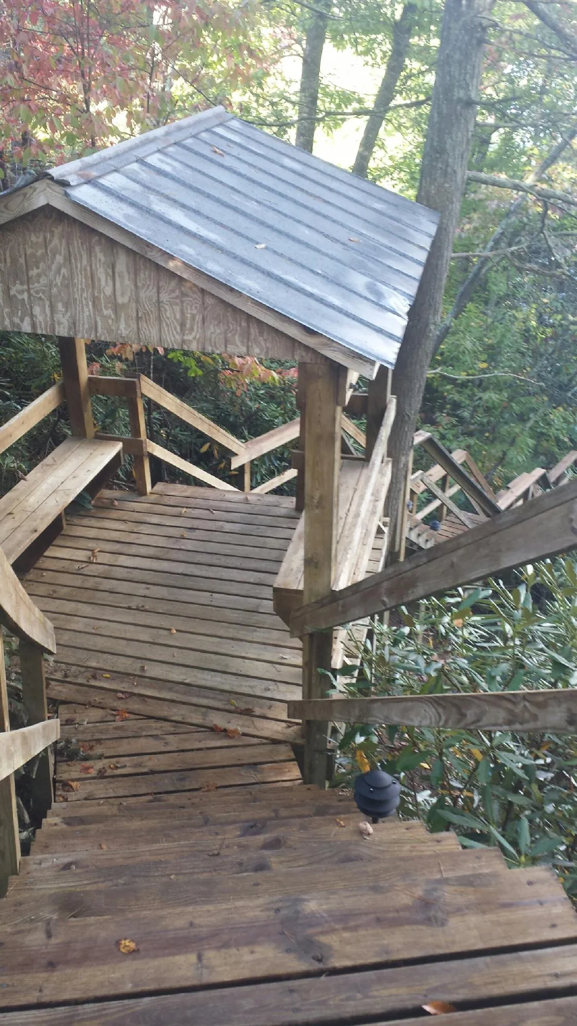 Metal roofed shelter over wooden steps on a wooded walkway — Skylight Repair & Installation work by our crew in North Lewisburg